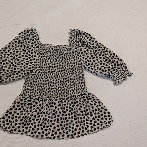 Max Studio Black and White Peplum Smocked Top with Puff Sleeves